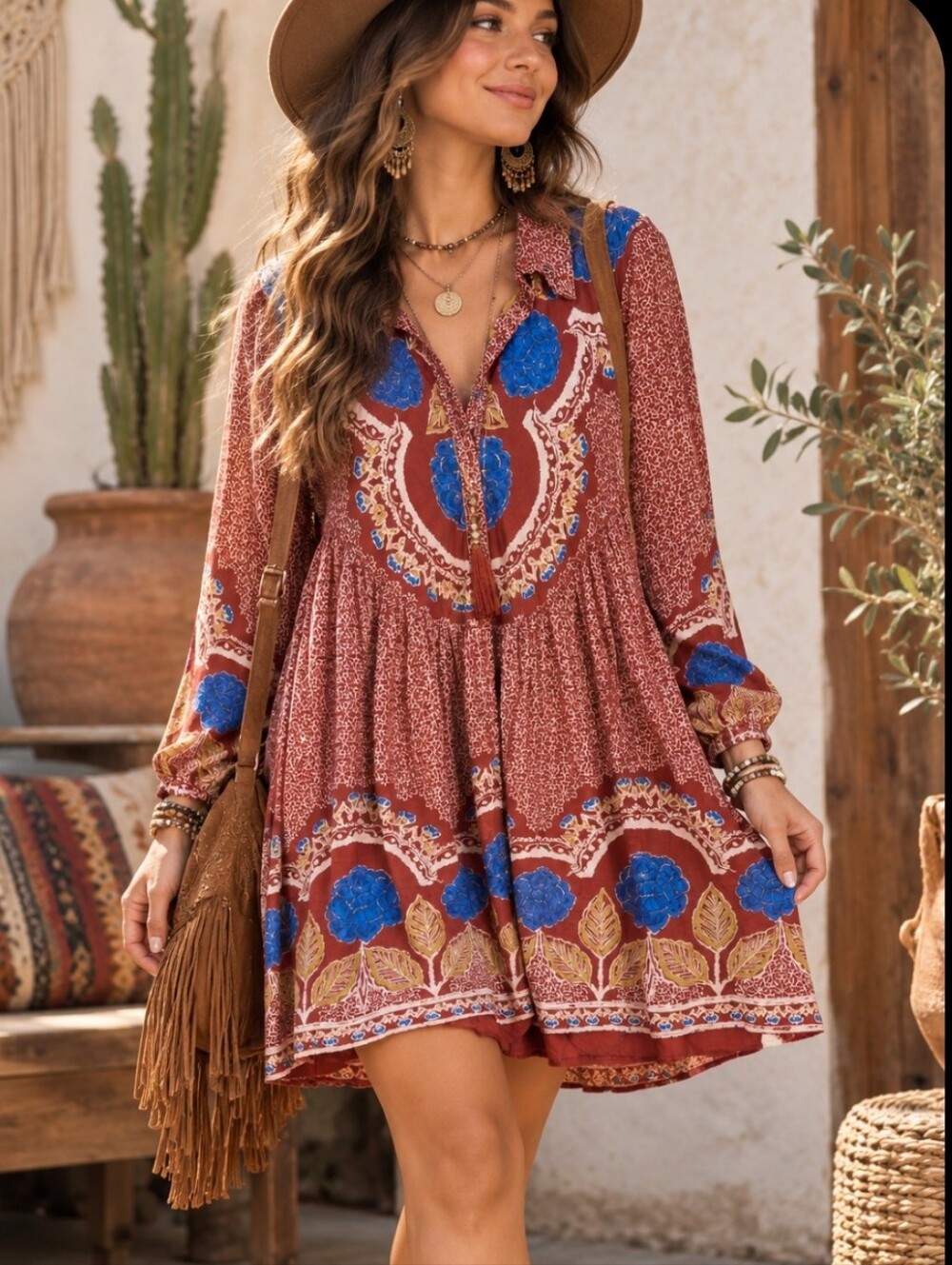Free People Smell The Roses Brown Rust Floral Long-Sleeve Tunic Dress Size L